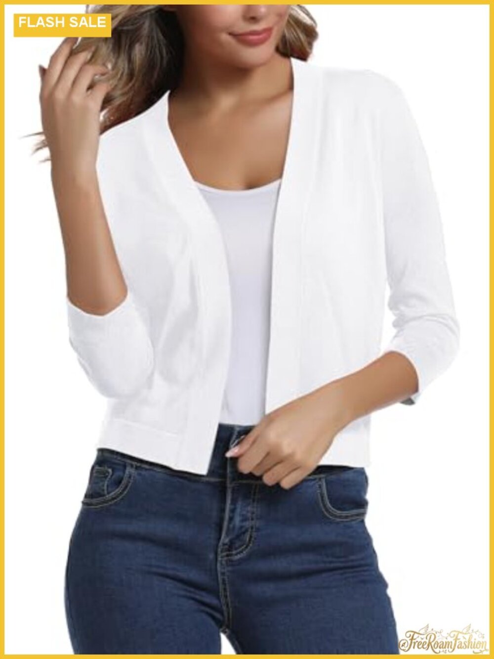 Cropped 3/4 Sleeve Open Front Cardigan Shrug for Dresses